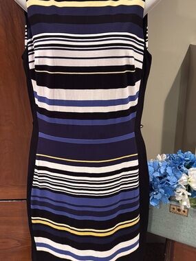 White House Black Market Black, White & Yellow Striped Sheath Dress